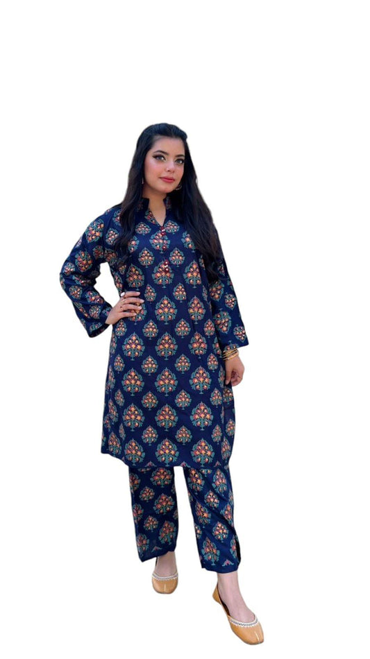 2 Pcs Women's Stitched Linen Block Printed Shirt And Trouser