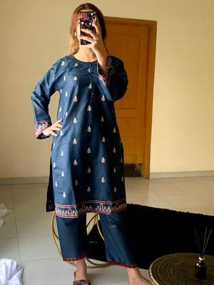 2 Pcs Women's Stitched Cotton Lawn Embroidered Shirt And Trouser