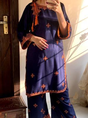 2 Pcs Women's Stitched Lawn Embroidered Shirt And Trouser - Dark Blue