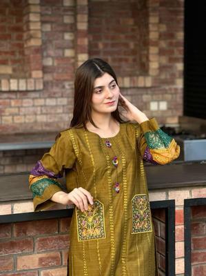 2 Pcs Women's Stitched Cotton Embroidered Shirt And Trouser