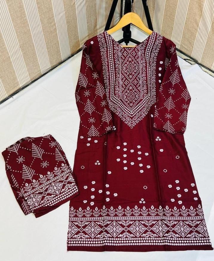 2 Pcs Women's Stitched Linen Printed Suit