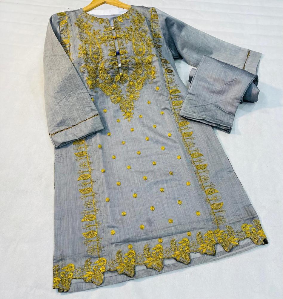 2 Pcs Women's Stitched Paper Cotton Embroidered Suit