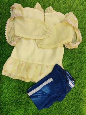 2 Pcs Girl's Chiffon Printed Shirt & Pants Set