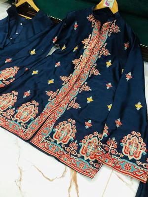 2 Pcs Women's Stitched Katan Silk Embroidered Short Cardigan Gown