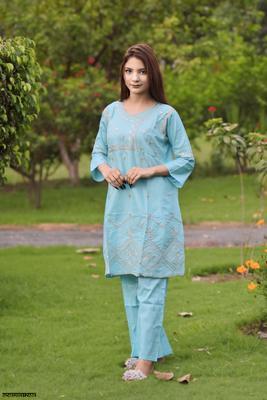 2 Pcs Women's Stitched Cotton Embroidered Shirt And Trouser