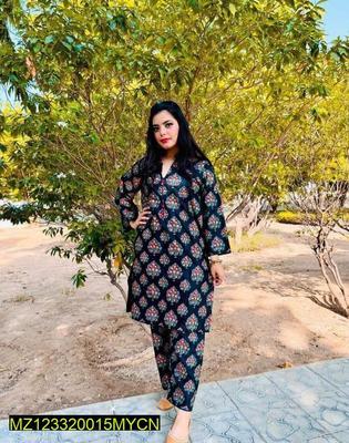 2 Pcs Women's Stitched Lawn Printed Shirt And Trouser