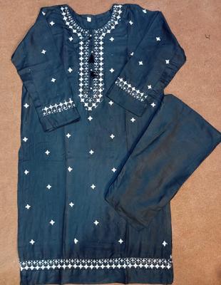 2 Pcs Women's Stitched Linen Sequins Embroidered Shirt And Trouser