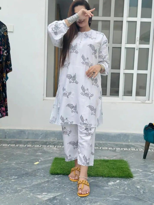 2 Pcs Women's Stitched Linen Printed Suit