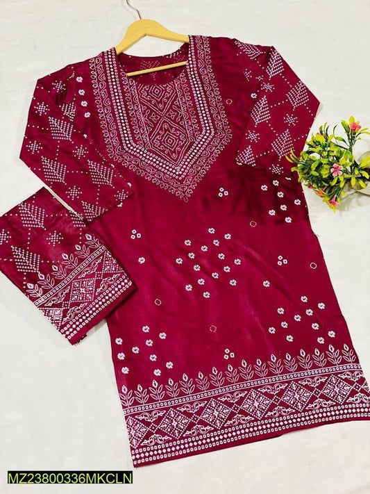 2 Pcs Women's Stitched Linen Block Print Suit