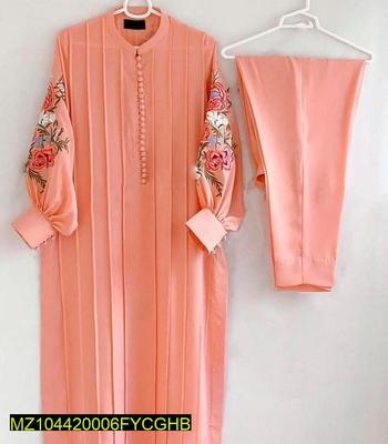 2 Pcs Women's Stitched Linen Embroidered Suit