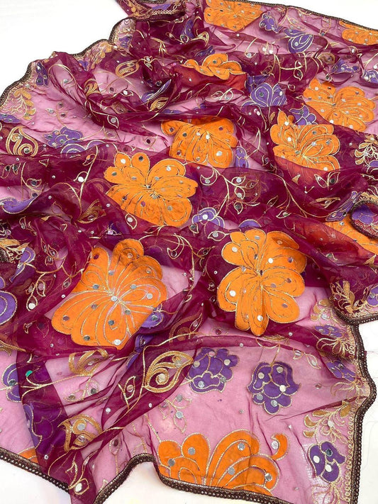 1 Pc Women's Stitched Organza Hand Embroidered Dupatta