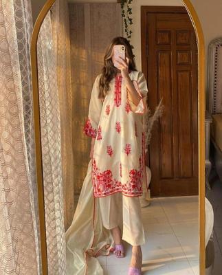 3 Pcs Women's Stitched Organza Embroidered Suit