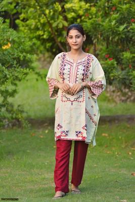 2 Pcs Women's Stitched Cotton Embroidered Shirt And Trouser