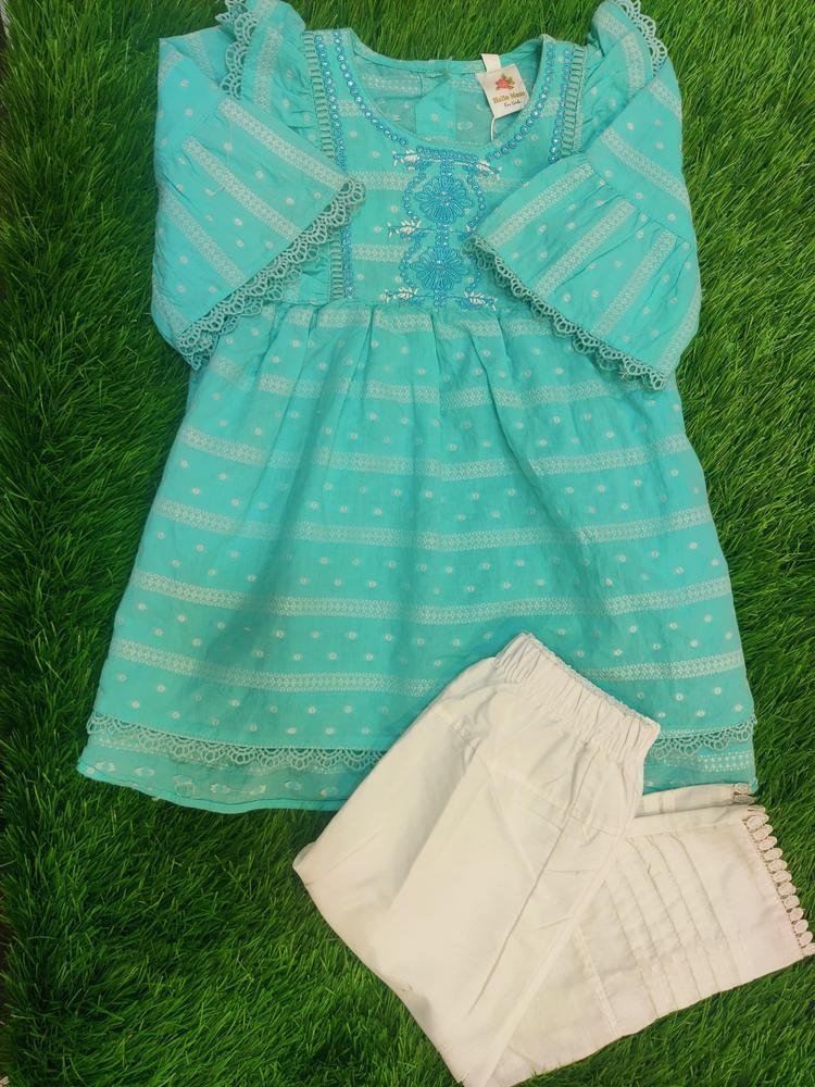 2 Pcs Girl's Cotton Lawn Embroidered Shirt And Trouser Suit