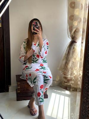 2 Pcs Women's Stitched Arabic Lawn Printed Shirt And Trouser