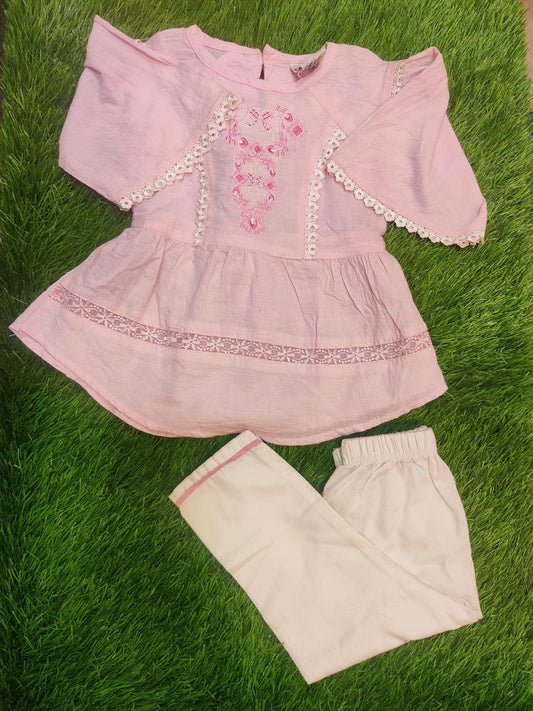 2 Pcs Girl's Cotton Lawn Embroidered Shirt And Trouser