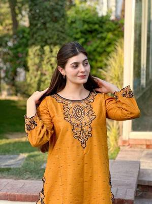 2 Pcs Women's Stitched Lawn Embroidered Shirt And Trouser