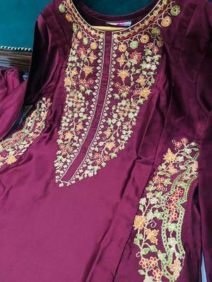 2 Pcs Women's Stitched Katan Silk Embroidered Shirt And Trouser