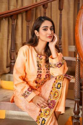 2 Pcs Women's Stitched Cotton Lawn Embroidered Shirt And Trouser