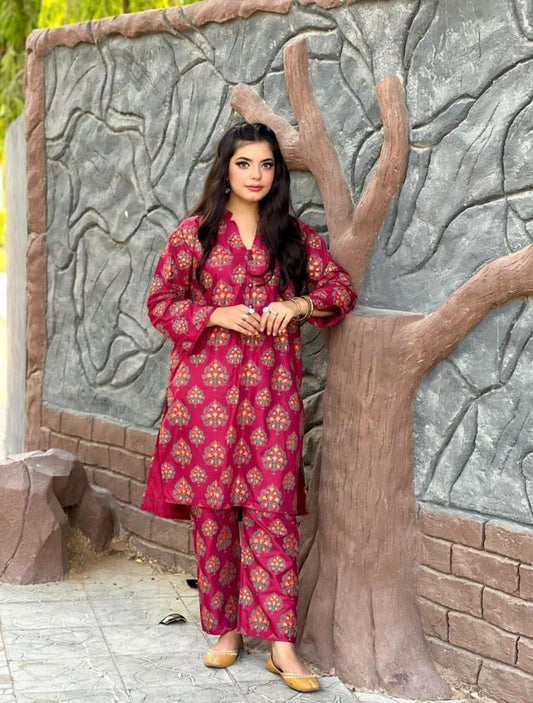 2 Pcs Women's Stitched Linen Printed Suit