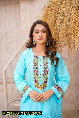 2 Pcs Women's Stitched Cotton Lawn Embroidered Shirt And Trouser