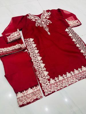 3 Pcs Women's Stitched Organza Embroidered Suit