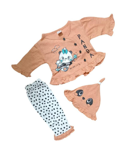 3Pcs Baby Girl Cotton Printed Frock And Trouser Set