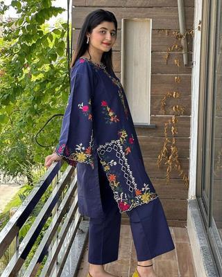 2 Pcs Women's Stitched Khaadi Net Embroidered Shirt And Trouser