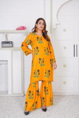 2 Pcs Women's Stitched Linen Printed Sharara Suit