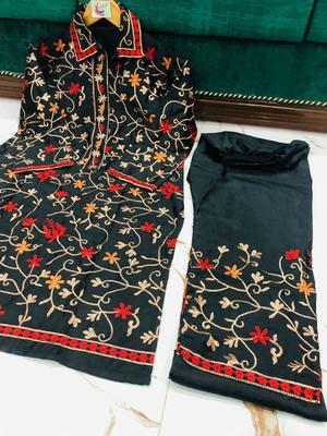 2 Pcs Women's Stitched Katan Silk Embroidered Shirt And Trouser