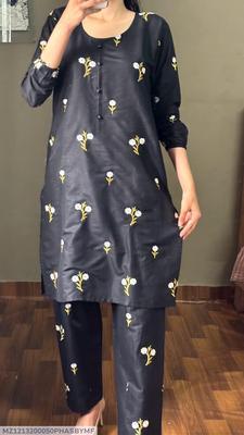 2 Pcs Women's Stitched Cotton Embroidered Shirt And Trouser