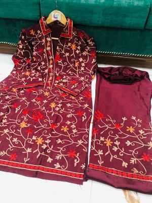 2 Pcs Women's Stitched Katan Silk Embroidered Suit