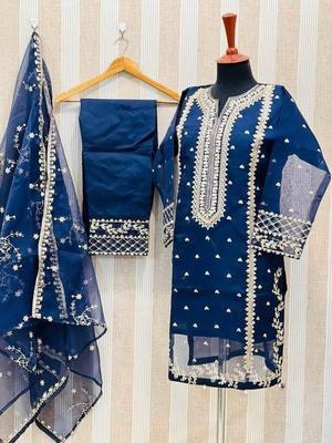 3 Pcs Women's Stitched Organza Embroidered Suit