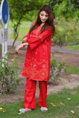 2 Pcs Women's Stitched Cotton Embroidered Shirt And Trouser