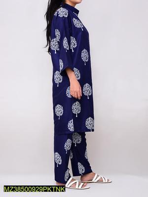 2 Pcs Women's Stitched Linen Printed Suit