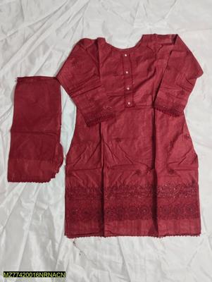 2 Pcs Women's Stitched Cotton Chikankari Embroidered Shirt And Trouser