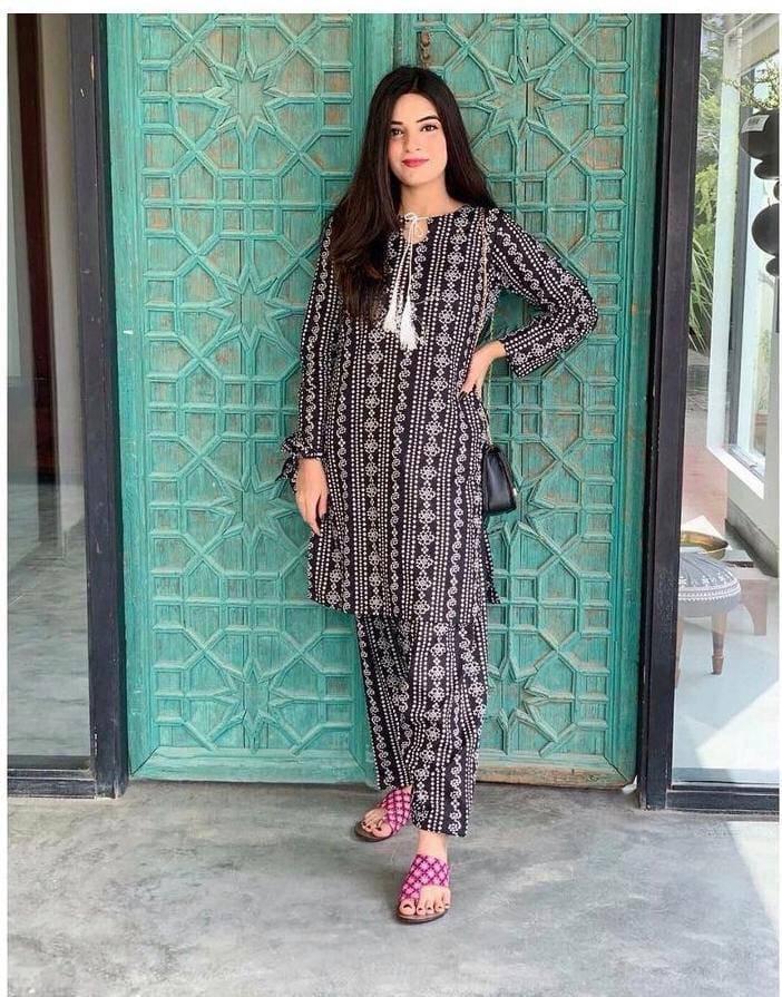 2 Pcs Women's Stitched Linen Block Printed Shirt And Trouser