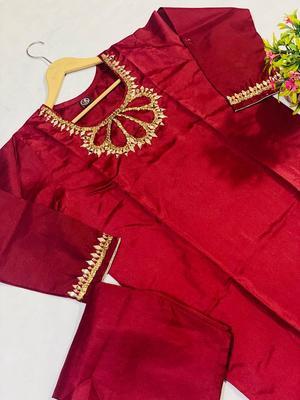 2 Pcs Women's Stitched Katan Silk Embroidered Suit