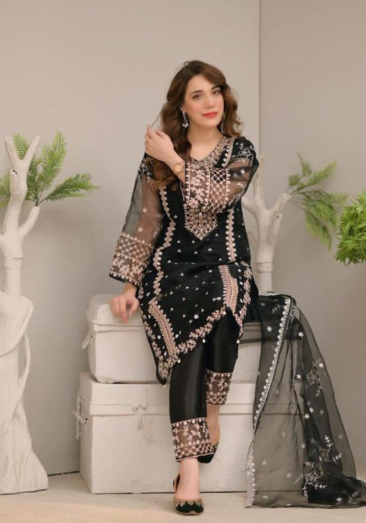 3 Pcs Women's Stitched Organza Embroidered Suit