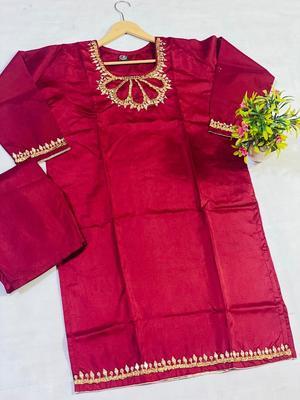 2 Pcs Women's Stitched Katan Silk Embroidered Suit