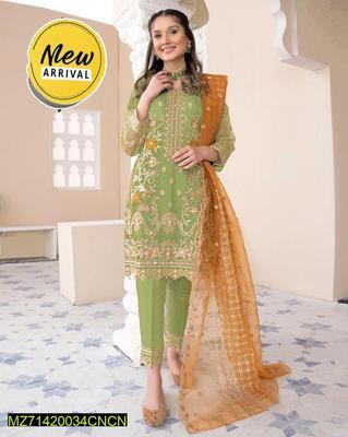 3 Pcs Women's Stitched Organza Embroidered Suit