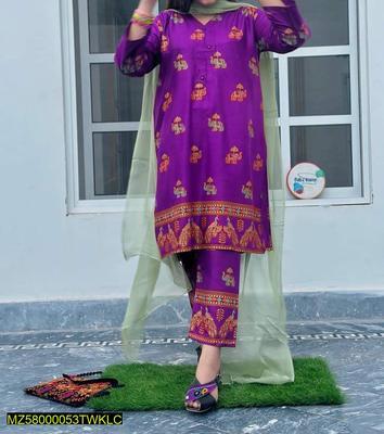 2 Pcs Women's Stitched Linen Block Print Suit