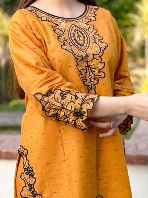 2 Pcs Women's Stitched Lawn Embroidered Shirt And Trouser