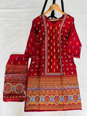 2 Pcs Women's Stitched Linen Printed Suit