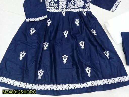 3 Pcs Womens Embroidered Linen Frock