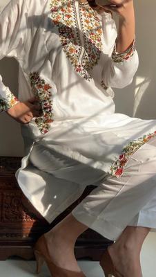 2 Pcs Women's Stitched Linen Sequins Embroidered Shirt And Trouser