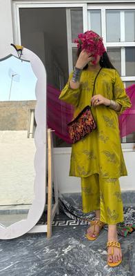 2 Pcs Women's Stitched Lawn Printed Shirt And Trouser - Mustard