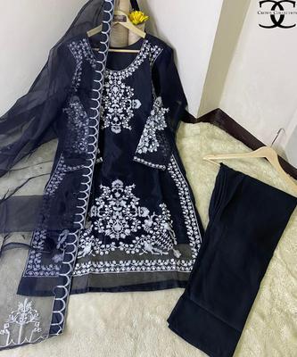 3 Pcs Women's Stitched Organza Embroidered Suit