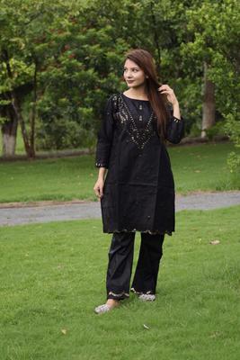 2 Pcs Women's Stitched Cotton Sequins Embroidered Shirt And Trouser