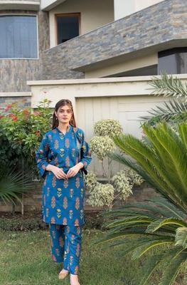 2 Pcs Women's Stitched Arabic Lawn Printed Shirt And Trouser